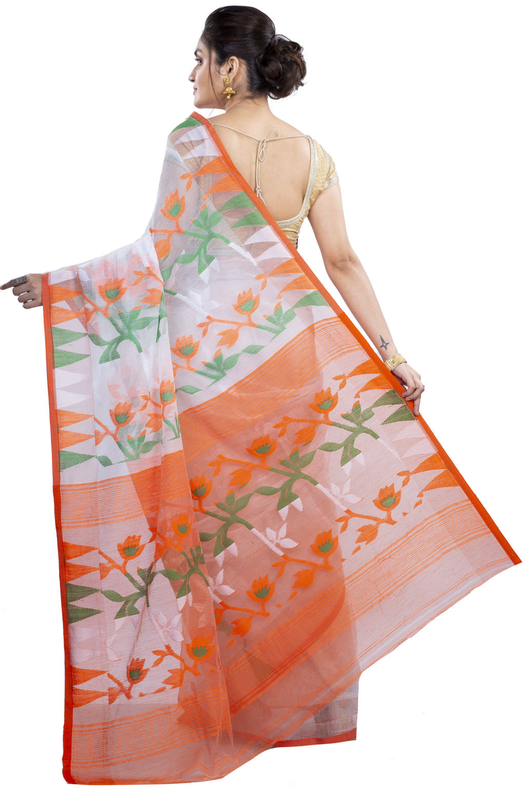 White Orange Blended Cotton Moha_Jamdani Jamdani Saree (808)